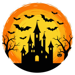 Halloween Castle Silhouette with Bats and Pumpkin in the Night Sky.