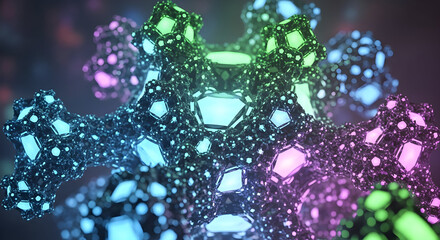 Intricate fractal structure with glowing geometric shapes in vibrant neon blue green and purple hues creating a mesmerizing abstract digital art background