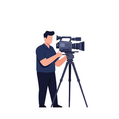 A professional cameraman operates a sophisticated video camera, depicted in a clean flat 2D vector illustration against a plain white background, ready for production.