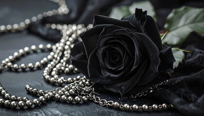 Obraz premium A single dark black rose rests entwined upon delicate silver gothic jewelry.