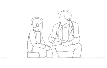 Continuous one line drawing of psychiatrist having friendly conversation with child patient, symbolizing pediatric psychiatry, mental health problems in childhood, single line art.