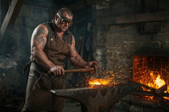 Rugged blacksmith strikes glowing iron, sparks flying in dim historic workshop