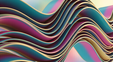 Abstract iridescent wavy layers of metallic material with a holographic sheen creating a fluid and dynamic visual texture with vibrant colors and a sense of movement