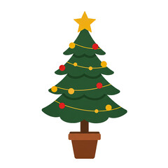 A festive Christmas tree adorned with colorful ornaments and a golden star on top, set in a brown pot. The tree stands tall with a joyful spirit