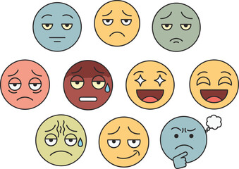 Collection of diverse cartoon emoji faces displaying a range of emotions and expressions