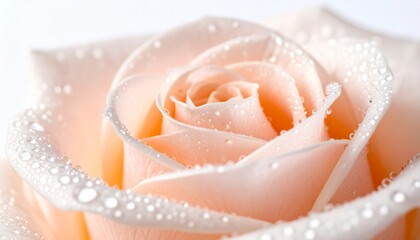 Fototapeta premium Close-up of a delicate peach rose with water droplets conveys freshness and