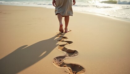 Tranquil Beach Walk with Barefoot Steps in Sand Under Golden Sunset Light Creating Calm Nature Scene for Relaxation and Reflection
