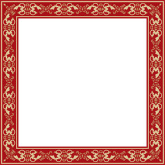 Vector square gold with red ancient Russian ornament. Slavic rectangle, border, frame. Painting of the royal chambers.