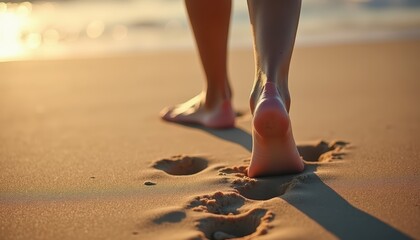 Serene Footsteps on Soft Sandy Beach at Sunset with Gentle Waves and Warm Glow Creating a Peaceful Atmosphere for Relaxation and Reflection
