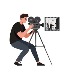 Flat 2D vector illustration of a professional cameraman filming a movie scene with a camera on a tripod, isolated on a white background, symbolizing media and film production.