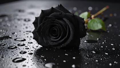 Dramatic close-up of a single black rose lying on a reflective, wet surface.