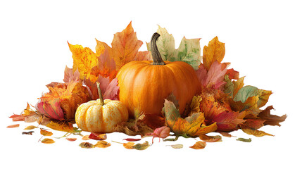 Autumn pumpkins and colorful leaves isolated on transparent background
