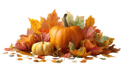 Autumn pumpkins and colorful leaves isolated on transparent background