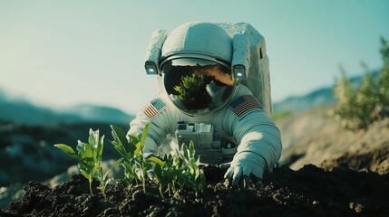 An astronaut planting plant. Astronauts and environmental engineer in a video. Farming is a sustainable way to reduce energy pollution. A space traveler putting a plant in the lifestyle ground.