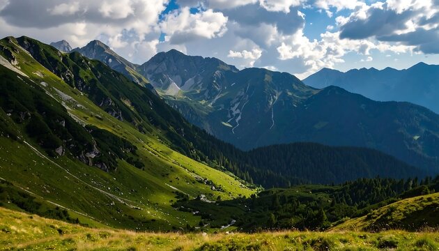 Mountain valley landscape with green slopes and clouds