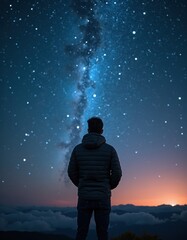 Breathtaking view of a person gazing at a starry sky with a magnificent milky way against a dark night backdrop and vibrant sunset in the background