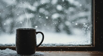 Warm drink by window on snowy day