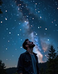 Man gazing at a star-filled sky with a breathtaking view of the Milky Way galaxy and twinkling stars in a serene night landscape