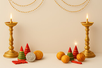 Happy diwali and happy dipaboli with traditional brass diyas, fireworks, and decorative sweets on a light background, symbolizing the festival's festive cheer and joy
