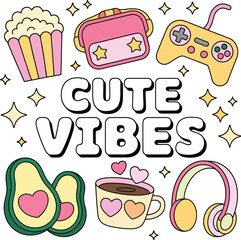 Cute Vibes Vector Illustration with Kawaii Food, Accessories, and Gaming Elements, kawaii vector, cute vibes