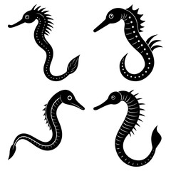 Obraz premium Four seahorses in black and white with different designs and tail shapes in a simple graphic style