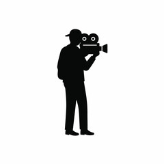 A professional cameraman silhouette with a camera is depicted in a stark flat 2D vector illustration, isolated against a clean plain white background, emphasizing media production.