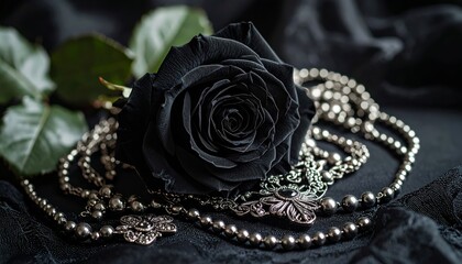 Obraz premium Textured artwork shows a dark rose entwined with silver jewelry with petals.