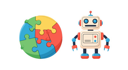 Fototapeta premium A colorful circular jigsaw puzzle with four distinct pieces next to a friendly cartoon robot, symbolizing problem-solving and artificial intelligence.