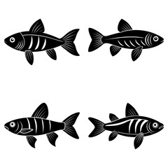 Four stylized fish swimming in different directions with detailed fins and simple body markings design