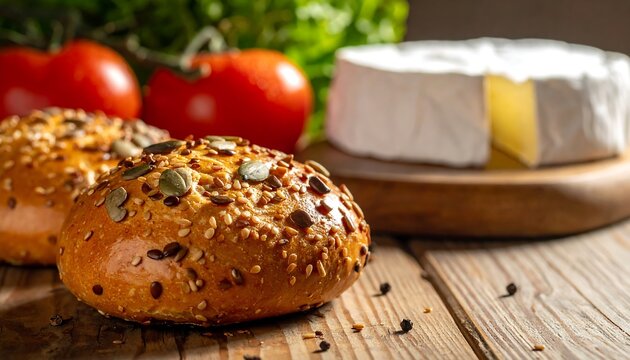 Artisan bread rolls and camembert cheese display on a rustic wooden surface - Powered by Adobe