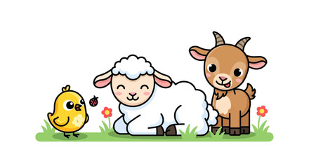 Fototapeta premium A cute cartoon illustration of a baby chick, a lamb, and a goat standing in a grassy field with flowers.