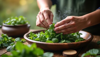 Woman Harvesting Fresh Green Herbs, Close-Up of Hands Picking Mint Leaves with Natural Background, Organic Cooking and Culinary Concept