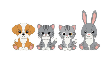 Cartoon image of a dog, two cats, and a rabbit sitting together.