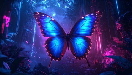 A vibrant butterfly with blue wings takes center stage in a neon lit forest.
