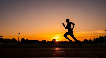 Silhouette runner sprints into vibrant sunset light
