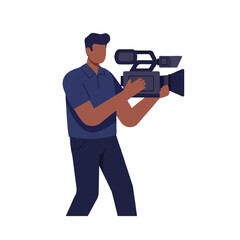 A professional cameraman operates a modern handheld video camera in a clean 2D flat vector illustration against a plain white background, ready for recording.