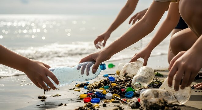Volunteers passionately cleaning plastic from beach