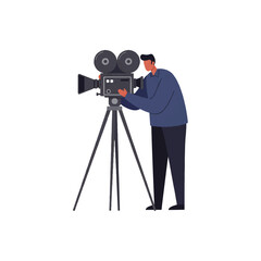 A focused cameraman operates a professional video camera, depicted in a clean 2D flat vector illustration on a plain white background, highlighting filming and production.