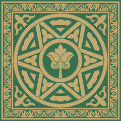 Vector gold with green square classic byzantine ornament. Rectangle, border, Ancient Greece, Eastern Roman Empire frame. Decoration of the Russian Orthodox Church
