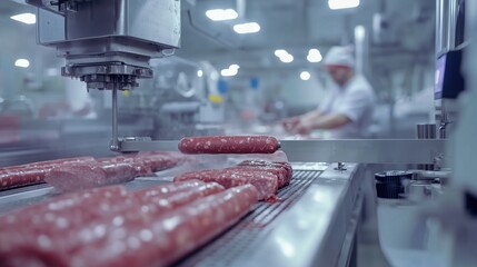 A factory worker prepares hot dogs. A conveyor belt with sausages and meat at a food production facility. A vending machine filled with sausages at a production Lifestyle facility