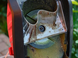 The mechanism of a garden shredder which has been opened