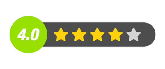 4.0 star rating PNG with transparent background, high quality review bar in dark UI style for feedback, scoring and product evaluation