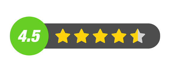 4.5 star rating PNG with transparent background, near perfect review bar with numeric label on dark background for app and product feedback