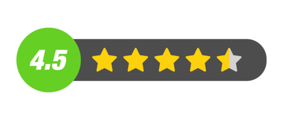4.5 star rating PNG with transparent background, near perfect review bar with numeric label on dark background for app and product feedback