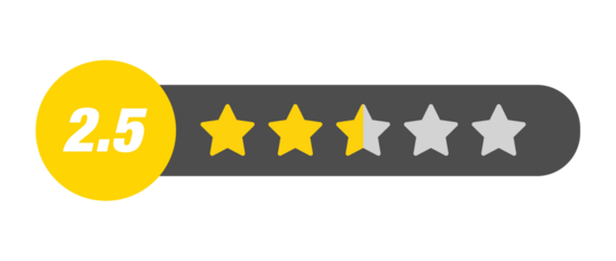 2.5 star rating PNG with transparent background, average feedback bar on dark UI background with half star and numeric label