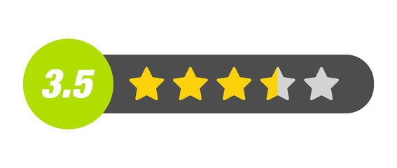 3.5 star rating PNG with transparent background, dark UI review capsule with numeric badge for mid-high product score and feedback