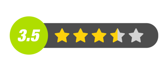 3.5 star rating PNG with transparent background, dark UI review capsule with numeric badge for mid-high product score and feedback