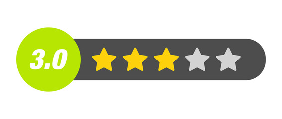 3.0 star rating PNG with transparent background, mid-level product rating bar with dark background and numeric badge for UI feedback