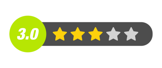 3.0 star rating PNG with transparent background, mid-level product rating bar with dark background and numeric badge for UI feedback