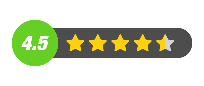 4.5 star rating PNG with transparent background, near perfect review bar with numeric label on dark background for app and product feedback